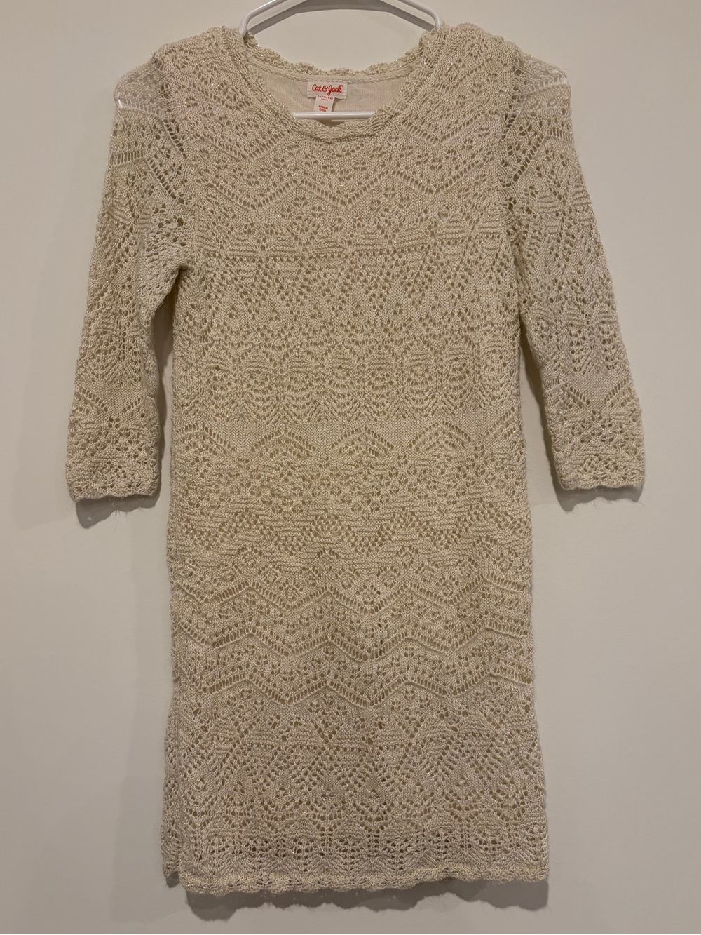 Cat & Jack Size L (10/12) Cream Ivory Pointelle Crochet Knit Long Sleeve Dress